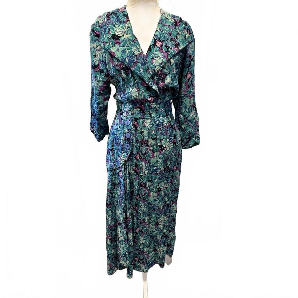Vintage 80's D. Frank Cottage Floral Wrap Look Maxi Dress Retro Boho Pleated